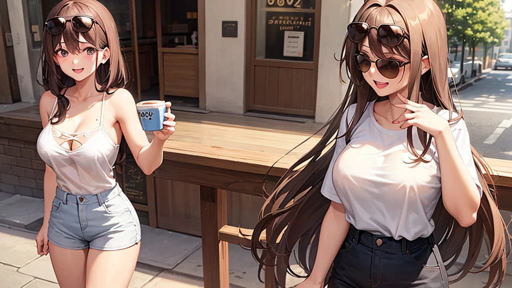 Brown Long Hair, Touching the chest, White shirt, Short Pants, laughing, 20-year-old, Cafe, Big Breast, Sunglasses on forehead, City