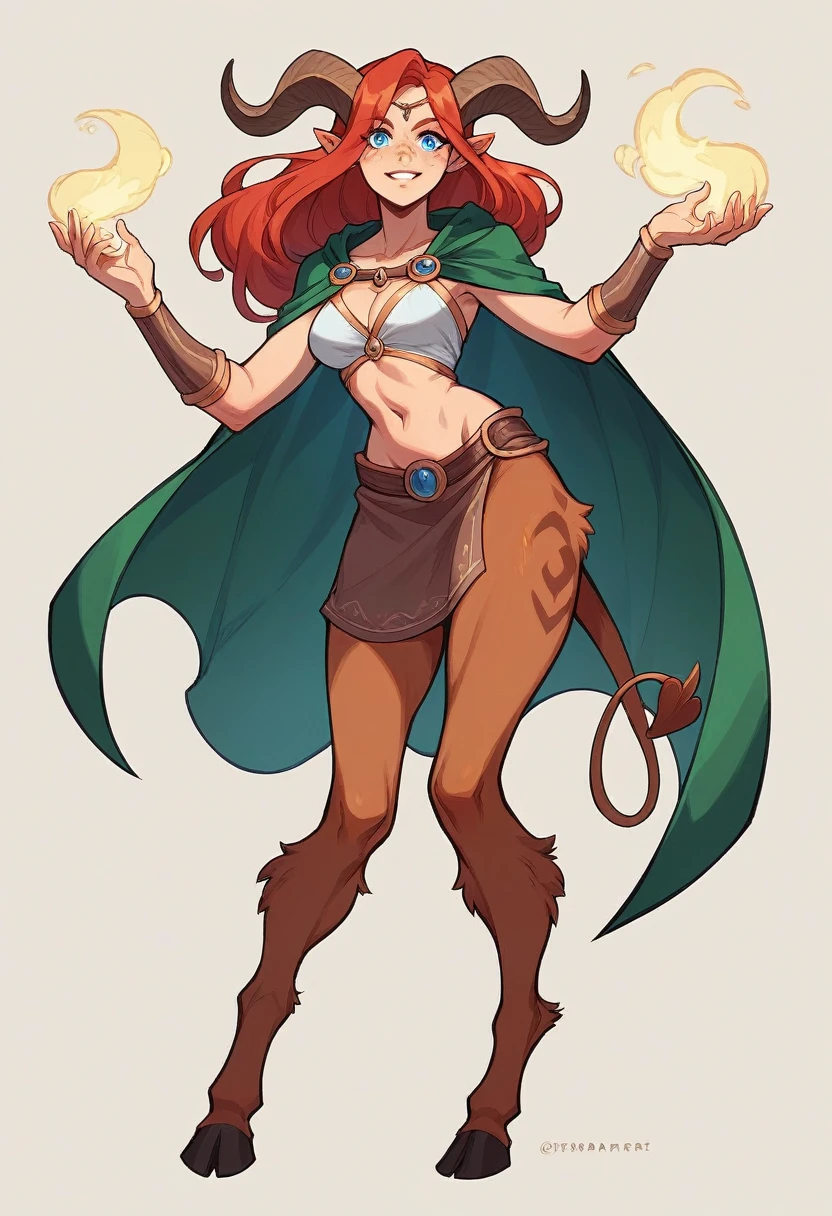 Satyr woman with horns, sorceress, an amazon, red unkempt shoulder length hair, in the clothes of a traveler, blue eyes slender legs with hooves similar to the legs of a demon and hair, There are birthmarks on the shoulders of a dark green cape, natshea in the ears decorations made of bones