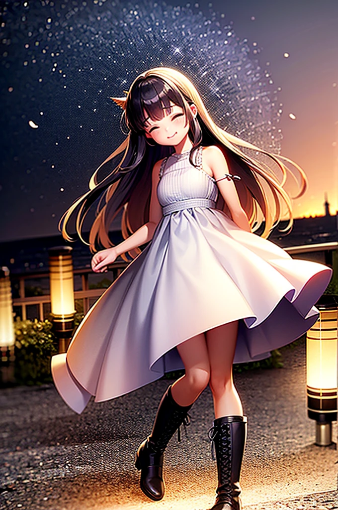 twilight, nightfall, tall lanterns, dusk sea on the background, lighthouse far away, city garden, beautiful, masterpiece, 1-girl, teen aged, long lolita style white dress, happy face, closed eyes, blush on the cheeks, A hand is outstretched towards me, very long fair hair, high black leather boots