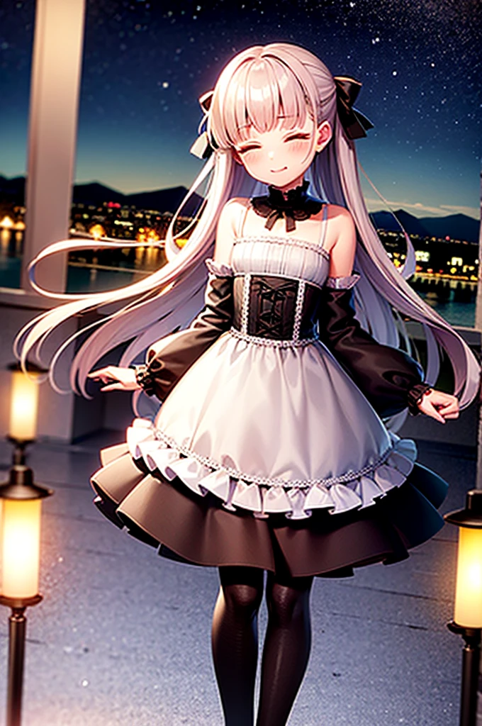 twilight, nightfall, tall lanterns, dusk sea on the background, lighthouse far away, city garden, beautiful, masterpiece, 1-girl, teen aged, long lolita style white dress, happy face, closed eyes, blush on the cheeks, A hand is outstretched towards me, very long fair hair, high black leather boots