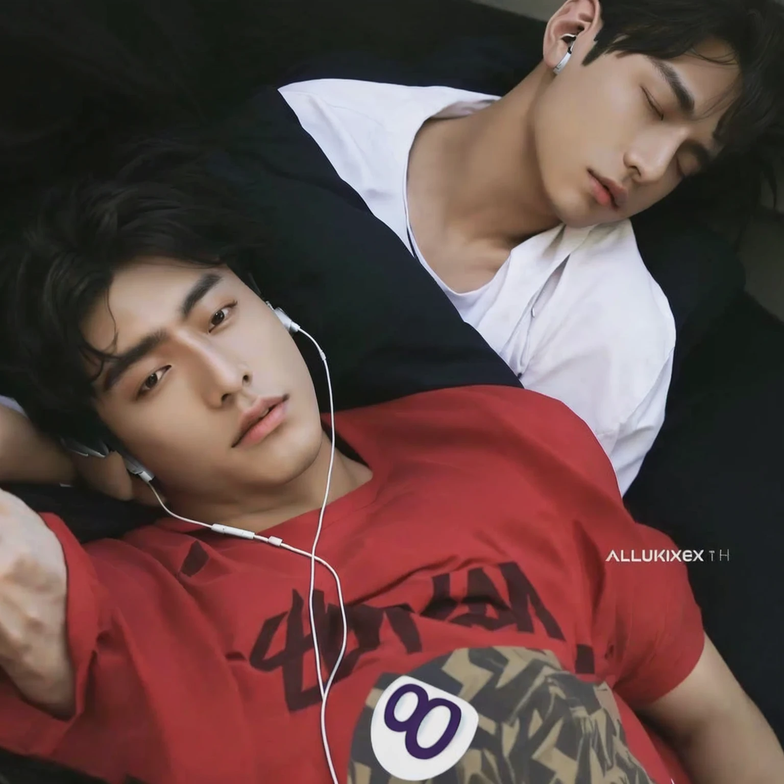 There are two men lying down with headphones on., cai xukun, everyone is lying down, nixeu y Sakimichan, lying on his back, jungkook, jin shan y ross tran, alessio albi and shin jeongho, tumblr, ruan jia and brom, Sakimichan, kim taejin, sfw