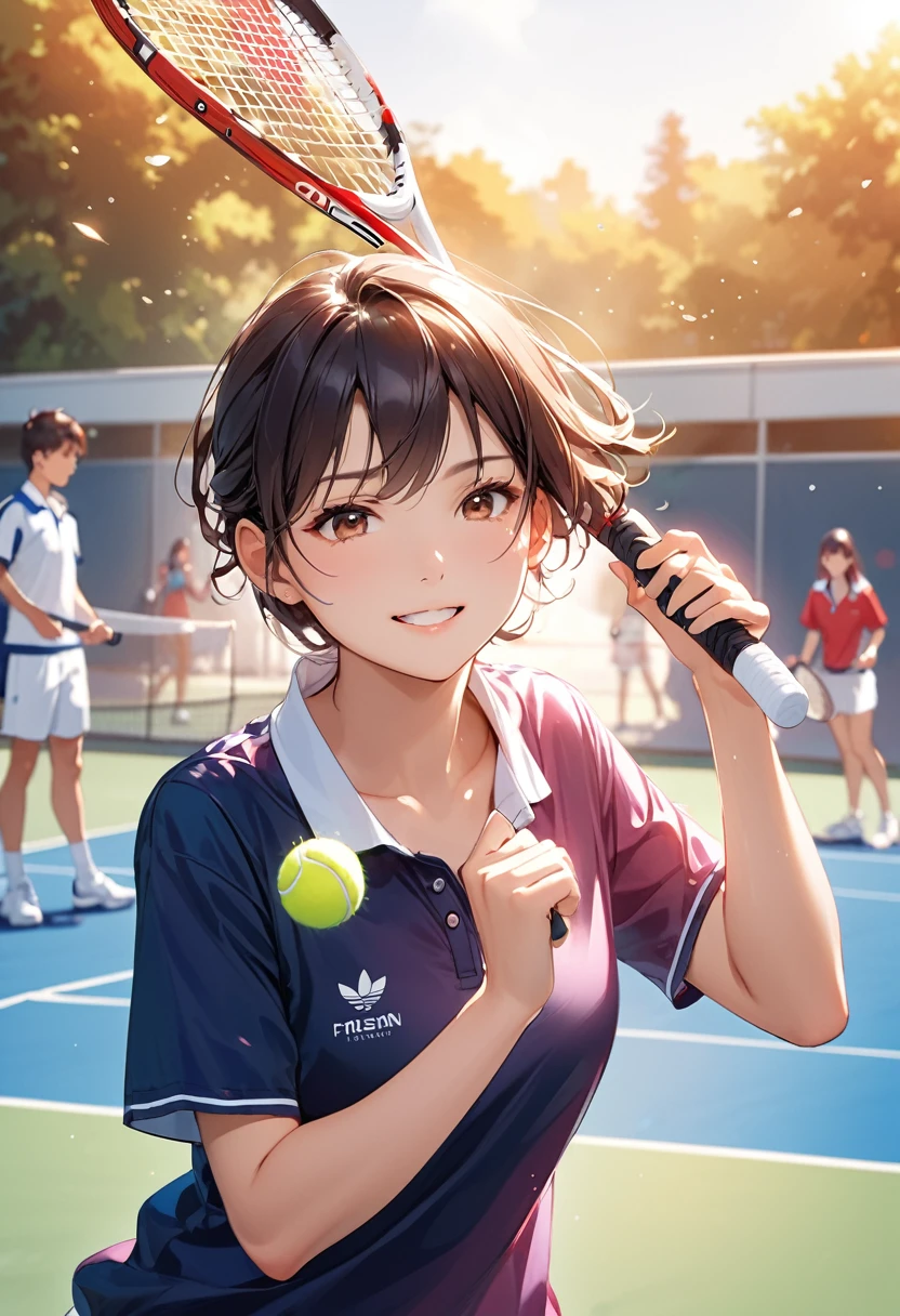 Highest quality、High resolution、Detailed Background、Beautiful face in every detail、Detailed facial expressions、Teenage beauty、Perfect body line、Schoolyard in the morning sun、
The wind on my sweaty skin、Hand holding racket、Serious look、
Run through the white line and catch the ball、Instant decision making、Launch a counter、
A disappointed face as he couldn't return the ball well、But I look forward to the next chance、
Accurate coaching、Encouragement from peers、Growing one by one、
Improving skills to win、And above all, time to have fun、
Sweat and tears practice、But a bright smile、High school student passion、Tennis World