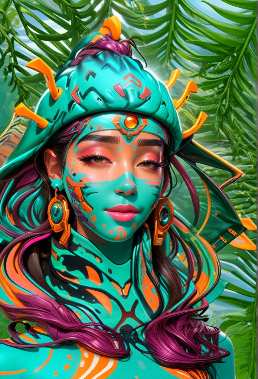 Brazilian woman 24 years of age. Nymph and its characteristics are cute and freckles. The woman naturally has a cute button nose, and the clothing has earth tones. Young woman, and has muted natural colors. 3D mecha and has muted natural colors. 3D mecha. Rounded 3D graffiti shapes curly hair, and pops of color. Eyelids are low, and the expression on the face is relaxed, pleasant, and sensual. Clothing has sport-tech vibes colors: any zippers and accents on clothing are in copper with patina. Also clothes have burnt numbers, burnt browns. Clothing also has nylon and cream color tones. with small pop colors of...1970s and 1980s hip-hop clothing, and tech utility gear, 1970s hip-hop. She is looking to the Side, not facing the camera. 2077_Style, glowing earrings. Mecha, Gundam.. Rounded, streamlined 3D graffiti shapes woven into her hair. She wears sports-tech utility gear with. She is wearing a hood over head!!!a mecha cloak with a hoodie with lighting inside lights up side of here face. 3D graffiti shapes on hat. she wears Adidas nylon with three stripes. Adidas. from the waist up. ...she is standing to the side, side profile. Scenes in the background is future city NYC, but in the future, NYC street scene, in 2076. floating Cars passing by futuristic street poles, traffic lights on a sunny day casting shadows, and futuristic digital holograms. People wearing translucent face mask, inspired by summer psychedelia and Ayahuasca. sunny.