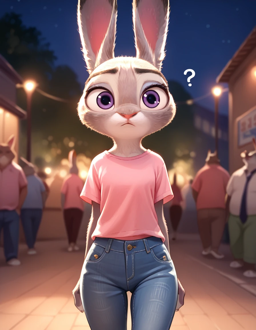 score_9, score_8_up, score_7_up, score_6_up, source_furry, judyhopps confused, dark, night, backlighting, solo, pink shirt, jeans, arms at sides, front view, portrait 