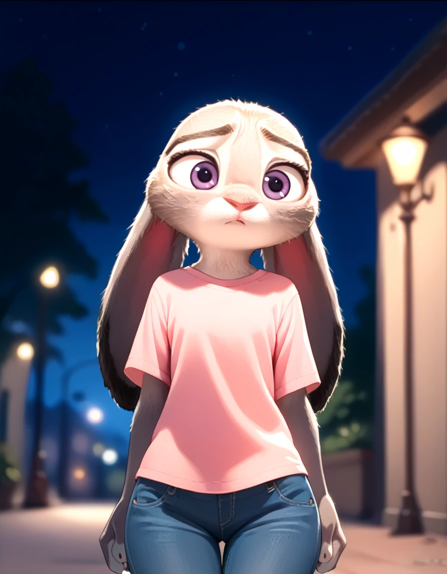 score_9, score_8_up, score_7_up, score_6_up, source_furry, judyhopps confused, dark, night, backlighting, solo, pink shirt, jeans, arms at sides, front view, portrait 