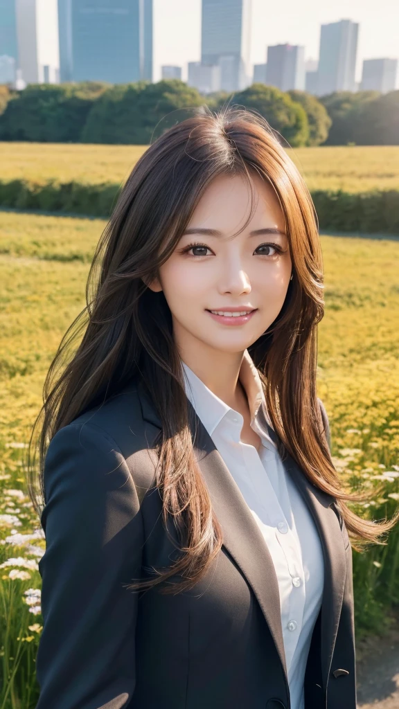 highest quality、genuine、Super detailed、finely、High resolution、8k wallpaper、one beautiful woman、、、light brown disheveled hair、wearing a business suit、sharp focus、perfect dynamic composition、beautiful and detailed eyes、thin hair、Detailed genuine skin texture、smile、model body shape、In Tokyo at morning、In a windswept meadow