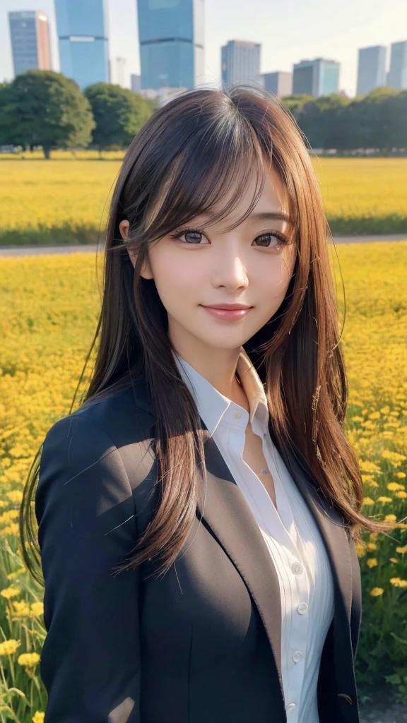 highest quality、genuine、Super detailed、finely、High resolution、8k wallpaper、one beautiful woman、、、light brown disheveled hair、wearing a business suit、sharp focus、perfect dynamic composition、beautiful and detailed eyes、thin hair、Detailed genuine skin texture、smile、model body shape、In Tokyo at morning、In a windswept meadow