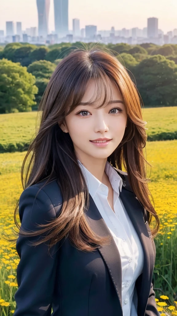 highest quality、genuine、Super detailed、finely、High resolution、8k wallpaper、one beautiful woman、、、light brown disheveled hair、wearing a business suit、sharp focus、perfect dynamic composition、beautiful and detailed eyes、thin hair、Detailed genuine skin texture、smile、model body shape、In Tokyo at morning、In a windswept meadow