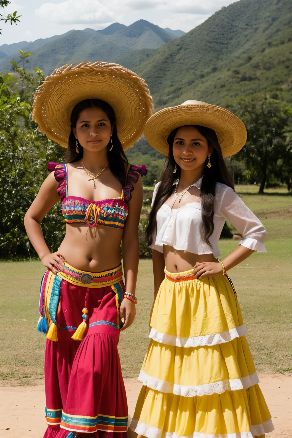 ((Best Quality)), ((Masterpiece)), (detailed), 2 girls, a Colombian palenquera and a Venezuelan woman with a typical joropo costume, that they are posing in the distance and that they are both black, further away, further away y una chica palenquera con frutas en la cabeza, both are black


