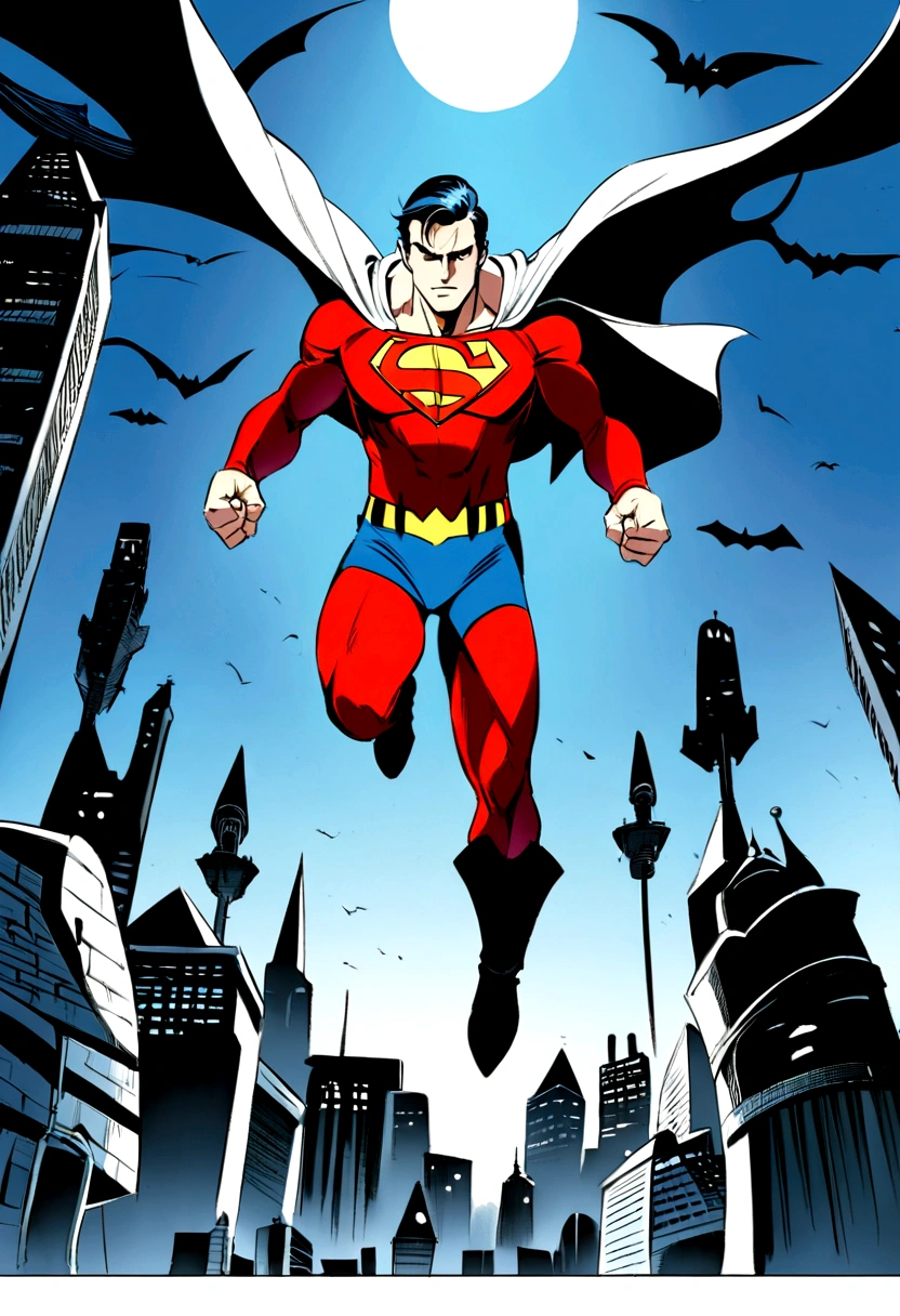 Alex Ross-style superman Draw in cartoon style a flying Superman with an epic, proud look on his face. In the background, Gotham City should be visible. Ensure the drawing is in a 16:9 aspect ratio.