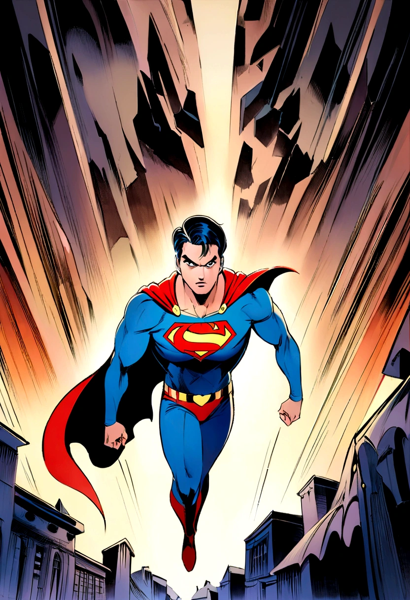 Alex Ross-style superman Draw in cartoon style a flying Superman with an epic, proud look on his face. In the background, Gotham City should be visible. Ensure the drawing is in a 16:9 aspect ratio.