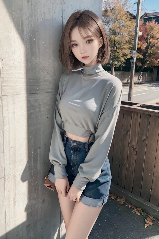 Top image quality、Raw photography、超A high resolution、An 18-year-old woman、Shooting for one person only、modelshoot、Autumn outfit、Fashionable clothes、Beautiful Eyes of Details、very elongated eyes、Beautiful eyelashes、Beautiful double eyelids、very slender legs、Shorthair with light brown hair、very slender physique、Gray walls