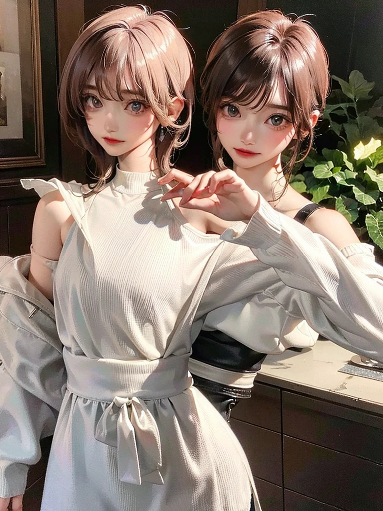 (highest resolution、clear_image)highest quality、woman、very detailed、semi-realistic、light cream hair、short hair、Long neckline、gray eyes、21 years old、shoulder length hair、mature、young、V-neck sweater、exquisite features、Cowboy Shot、Brown Eyes、Waist up shot