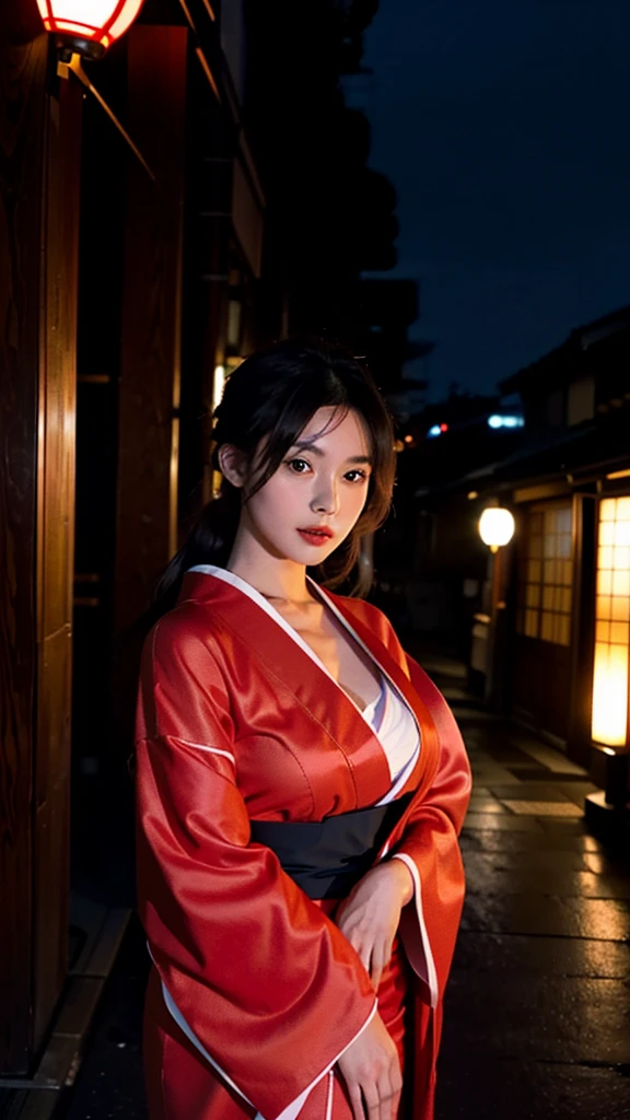 one girl,Beutiful women, In a corner of Kyoto,At night,Wear a red kimono,Large Breasts