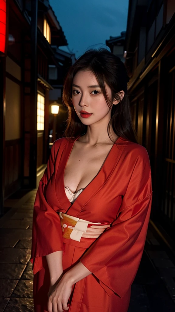 one girl,Beutiful women, In a corner of Kyoto,At night,Wear a red kimono,Large Breasts