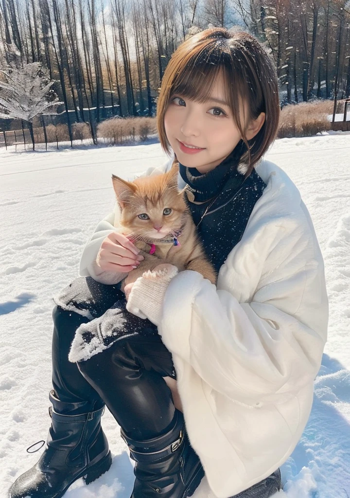 Cuddle a kitten、Photo from the waist up、Night city illumination shot、Cowgirl Shot、Fur coat、豪華なグレーのミンクのFur coat、Wear fine leather boots、Luxury Bags、Inner turtleneck、Silver necklace and small silver earrings、 Millionaire Style:1.4））、Full body photo、smile、 Caustics、Highly detailed photos、Very beautiful woman 、Ample breasts、No makeup、(8K、RAW Photos、Highest quality、masterpiece:1.2)、(Realistic、Realistic)、1 Girl、((Medium Short Hair、Midwinter、Cold region Snow falling、The wind is blowing、Fluttering Hair、Blur the background、Colorful illuminations、Looking into the camera:1.4))、
