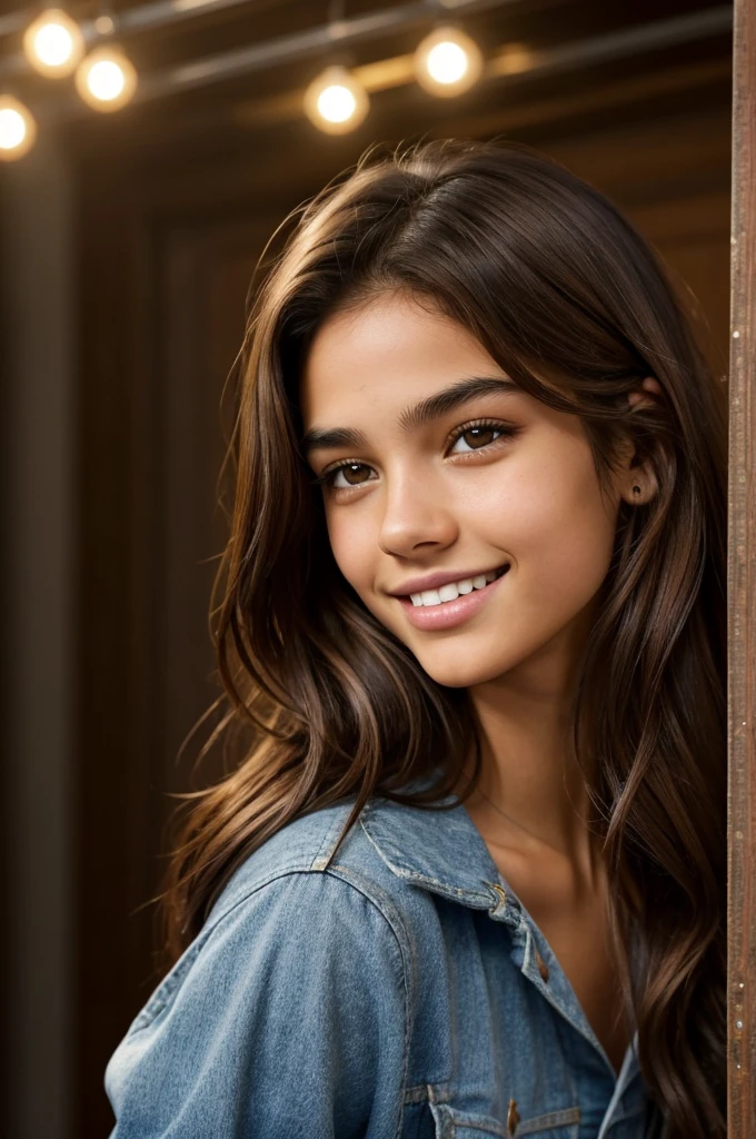 A girl between 16-17 years old, Physically, he has a skin tone between light and dark.,He has medium-sized brown hair with red highlights in the front.,honey colored eyes and long eyelashes,with a sharp jaw and a turned-up nose,a perfect smile and big, full lips,what a dark femine vibe
