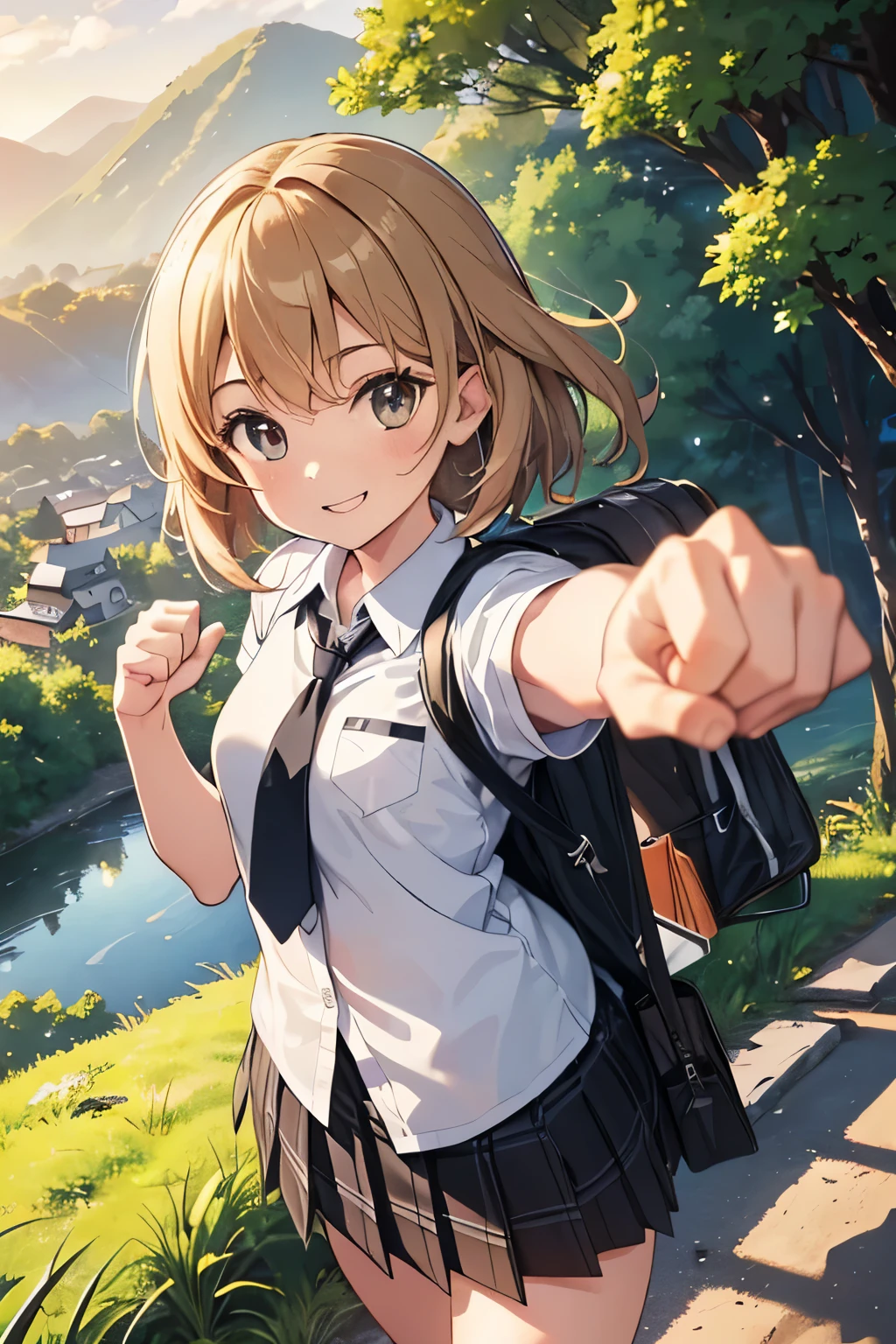 ((Highest quality, 4K, masterpiece: 1.3)), ((High Resolution)),((It's wonderful)),((Japan countryside:1.2)),((Japan countryside:1.2)),((Japan countryside:1.2)),((Japan countryside:1.2)),((Japanese mountain trails and rice terraces:1.2)),((Standing at the bus stop:1.2)),((Standing at the bus stop:1.2)),(Do not split frames),(Do not split),(Do not split),(sunset:1.2),(sunset:1.2),(sunset:1.2),(sunset:1.2),(One woman:1.8),(One woman:1.8),(One woman:1.8),(One woman:1.8),(One woman:1.8),((dutch angle shot:1.2)),((dutch angle shot:1.2)),((medium wide shot:1.2)),((medium wide shot:1.2)),((medium wide shot:1.2)),((upper body shot:1.2)),((upper body shot:1.2)),((upper body shot:1.2)),((upper body shot:1.2)),((shoot from above:1.2)),((shoot from above:1.2)),((school uniform, short sleeve shirt:1.2)),((school uniform, short sleeve shirt:1.2)),((school uniform, short sleeve shirt:1.2)),(tie:1.4),(tie:1.4),(tie:1.4),((Fluttering checkered skirt:1.2)),((Fluttering checkered skirt:1.2)),((Fluttering checkered skirt:1.2)),((Black ankle socks:1.3)),((Black ankle socks:1.3)),((Black ankle socks:1.3)),((Trekking shoes:1.2)),(School Bags),(School Bags),(School Bags),(School Bags),((Stand with your feet shoulder-width apart and your knees slightly bent:1.2)),((Stand with your feet shoulder-width apart and your knees slightly bent:1.2)),((Stand with your feet shoulder-width apart and your knees slightly bent:1.2)),((Stand with your feet shoulder-width apart and your knees slightly bent:1.2)),((Stand with your feet shoulder-width apart and your knees slightly bent:1.2)),((face focus:1.4)),((face focus:1.4)),((face focus:1.4)),((face focus:1.4)),((model posing:1.2)),((model posing:1.2)),((model posing:1.2)),((model posing:1.2)),((model posing:1.2)),((model posing:1.2)),(A cool expression in the wind:1.2),(A cool expression in the wind:1.2),(A cool expression in the wind:1.2),((A big smile:1.2)),((A big smile:1.2)),((fist bump:1.4)),((fist bump:1.4)),((fist bump:1.4)),(shoot from side),((Light brown eyes:1.2)),((Light brown eyes:1.2)),((Beautiful highlighted eyes)),((Light brown eyes:1.2)),((Light brown eyes:1.2)),((Beautiful highlighted eyes)),((Light brown eyes:1.2)),((Beautiful highlighted eyes)),((Light brown eyes:1.2)),((Shiny black hair:1.4)),((Shiny black hair:1.4)),((Shiny black hair:1.4)),((Fluffy short bob:1.2)),((Fluffy short bob:1.2)),((Fluffy short bob:1.2)),((Fluffy short bob:1.2)),((Parted bangs)),((Parted bangs)),(Beautiful breasts),Japanese women, 14 years old gravure photo, High Contrast, Aperture F3.2, Focal length 100mm, (((peace sign))),wakame, wakame, wakame, wakame, wakame, wakame, wakame, wakame, wakame, wakame, wakame, wakame, wakame, wakame, wakame, wakame, wakame, wakame, wakame, wakame, wakame, wakame, wakame, wakame, wakame 
