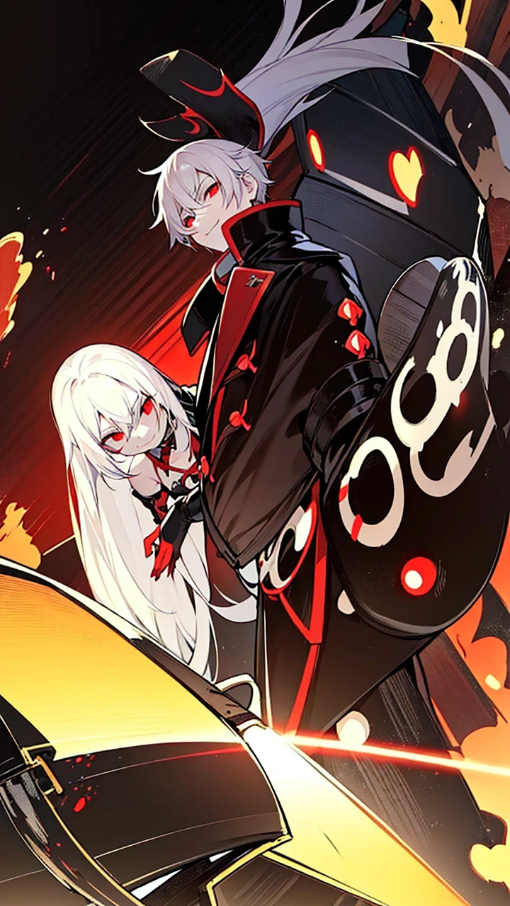 one boy、High resolution,close distance、Anime boy with white hair and red eyes, glowing red eyes,slim, dressed in black clothes,shadow body,white skin,monochrome,hair is dirty,Aggressive smile、Bloodstained、Bleeding、A lot of Bloodstained、