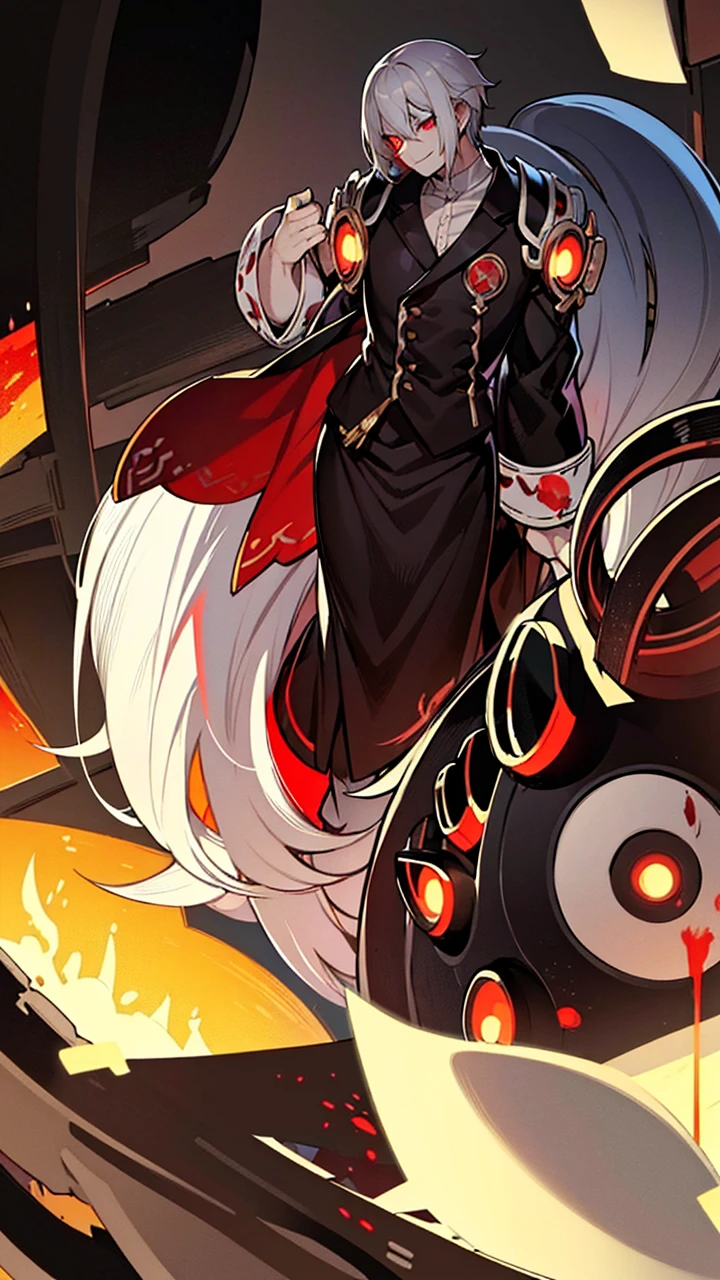 one boy、High resolution,close distance、Anime boy with white hair and red eyes, glowing red eyes,slim, dressed in black clothes,shadow body,white skin,monochrome,hair is dirty,Aggressive smile、Bloodstained、Bleeding、A lot of Bloodstained、
