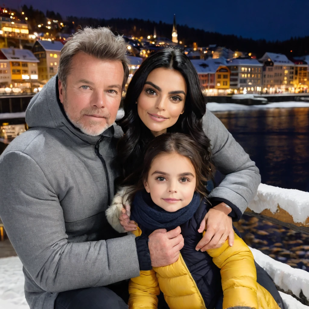 Ayslinn Derbez is 25 years old and Lothar matthäus is 35 years old and little daughter is , she have long hair, they are in Oslo, they are wearing winter clothes, romantic, they are posing romantic, nigh, they are with their little daughter