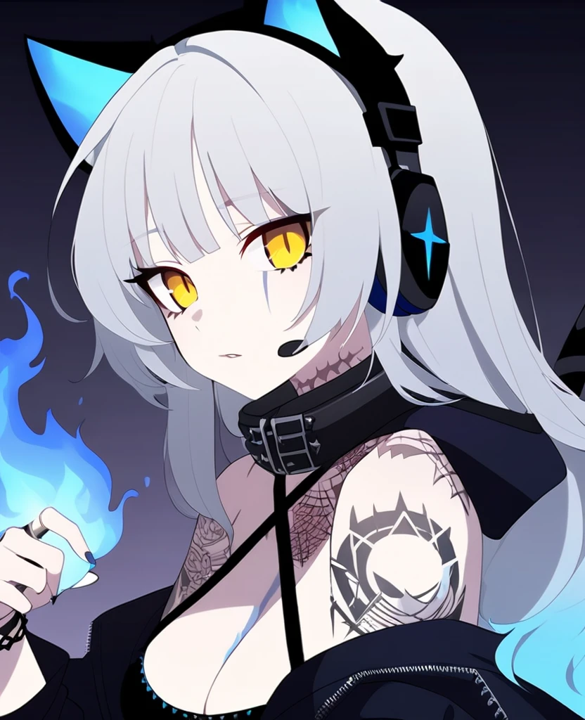 Make me a VTuber design. A girl with a mature body. Long white hair that has blue fire on the tips of them. Cat ears with blue fire in themiddle of them. A cat tail with blue fire at the end. Yellow eyes with black scleras, scars on her body. A goth/rockstar like outfit with headphones around her neck. Fire tattoos