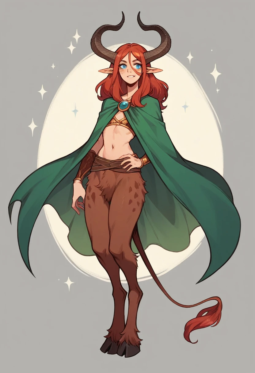 Satyr woman with horns, sorceress, an amazon, red unkempt shoulder length hair,  in the clothes of a traveler, blue eyes slender legs with hooves similar to the legs of a demon and hair, There are birthmarks on the shoulders of a dark green cape, natshea in the ears decorations made of bones   