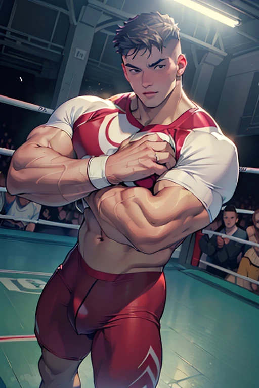 ((Best Quality, 8K, ultra-detailed, Masterpiece: 1.3)), 1boy, shiny skin, sharp, Perfect Body Beauty, realistic shaded perfect body, (cute baby face:1.1),("wrestling wear, big bulge ":1.2),(dynamic pose:1.1), thigh , bedroom , (bulge focus:1.2)