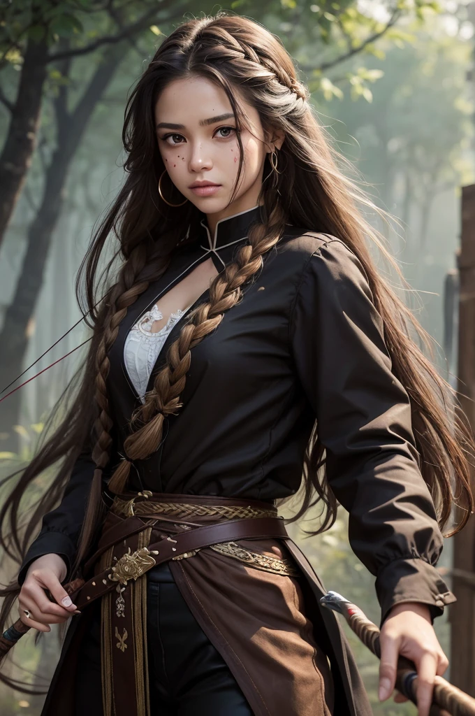Create the image of a realistic woman with long hair, with some scattered braids,dark brown wavy, same color eyes. light brown skin, with a slight cut on the mouth on the right side. Some blood splatters across your face. Black warrior clothes, pants, blouse and jacket. With a bow and arrow and a sword. Without having appeared Korean and more Mexican-Brazilian 