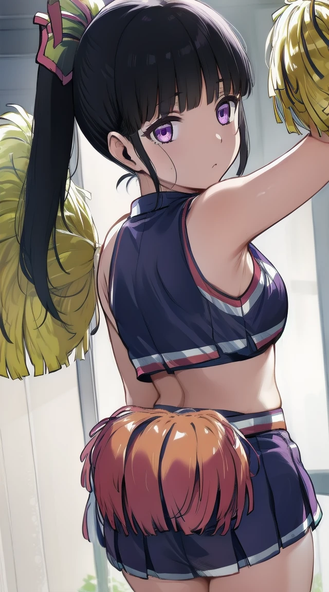 1girl,
BREAK (( kanao tsuyuri, black hair, butterfly, butterfly hair ornament, (purple eyes:1.1), side ponytail, ponytail,
:1))
BREAK ((cheerleader:1.5))
BREAK indoors,
BREAK looking at viewer, 
BREAK (masterpiece:1.2), best quality, high resolution, unity 8k wallpaper, (illustration:0.8), (beautiful detailed eyes:1.2), extremely detailed face, perfect lighting, extremely detailed CG, (perfect hands, perfect anatomy),