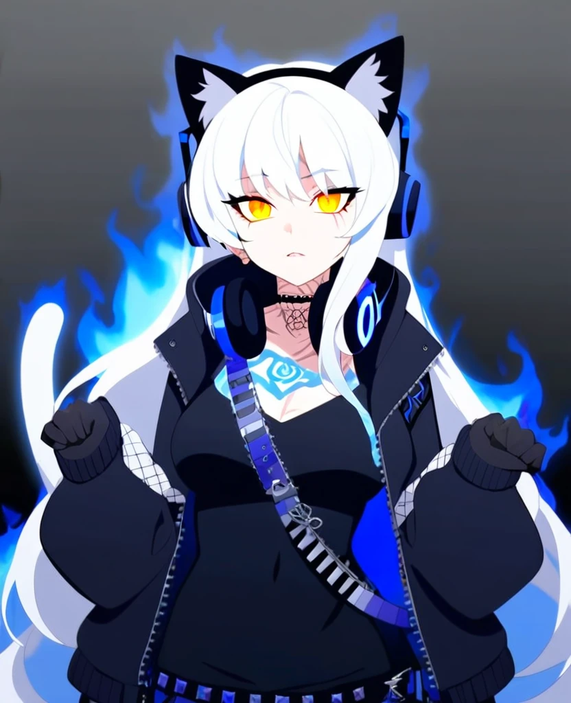 Make me a VTuber design. A girl with a mature body. Long white hair that has blue fire on the tips of them. Cat ears with blue fire in them. A cat tail with blue fire at the end. Yellow eyes with black scleras, scars on her body. A goth/rockstar like outfit with headphones around her neck. Fire tattoos