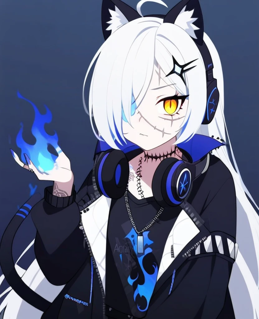 Make me a VTuber design. A girl with a mature body. Long white hair that has blue fire on the tips of them. Cat ears with blue fire in them. A cat tail with blue fire at the end. Yellow eyes with black scleras, scars on her body. A goth/rockstar like outfit with headphones around her neck. Fire tattoos