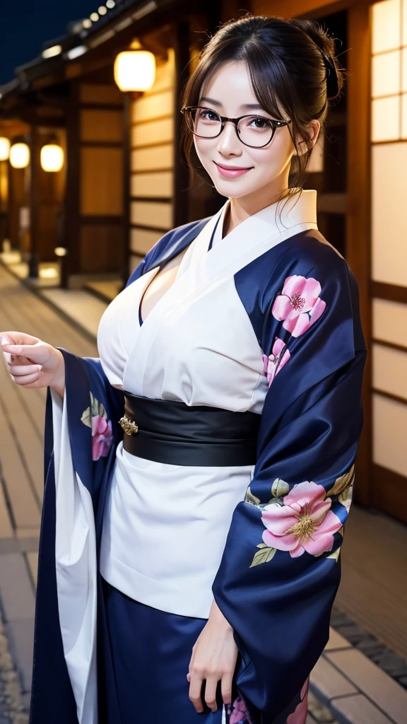 (Super beautiful woman in kimono)、((highest quality、8K masterpiece:1.3))、sharp focus:1.2、(super beautiful face:1.0)、(shiny skin:1.0)、realistic pictures、black hair、video lighting、High resolution eyes and face、video lighting、japanese actress、from the front、big breasts、with a happy smile、Slender abs beauty、whole body、wearing a kimono、in Kyoto、(((luxury obi)))、In Kyoto at night、wearing glasses with no edge、with a fan