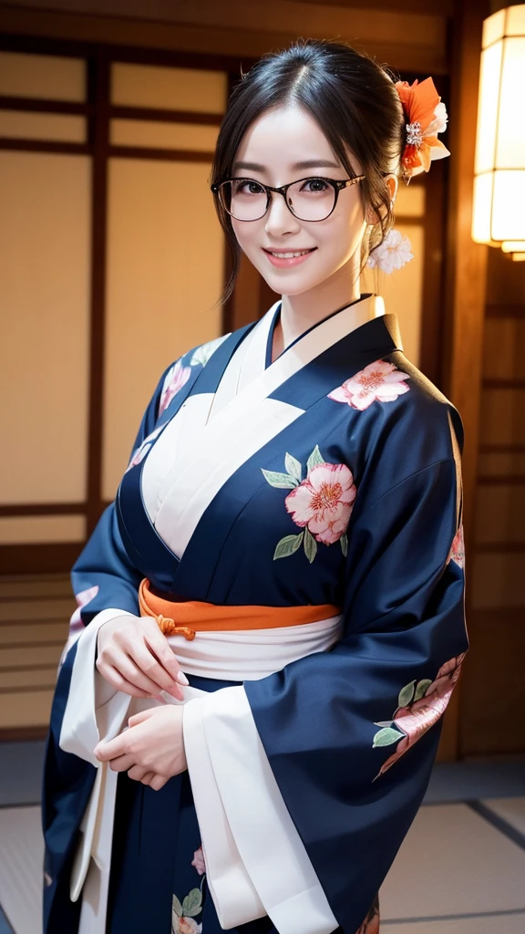 (Super beautiful woman in kimono)、((highest quality、8K masterpiece:1.3))、sharp focus:1.2、(super beautiful face:1.0)、(shiny skin:1.0)、realistic pictures、black hair、video lighting、High resolution eyes and face、video lighting、japanese actress、from the front、big breasts、with a happy smile、Slender abs beauty、whole body、wearing a kimono、in Kyoto、(((luxury obi)))、In Kyoto at night、wearing glasses with no edge、with a fan