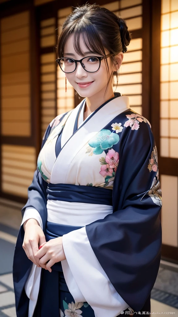 (Super beautiful woman in kimono)、((highest quality、8K masterpiece:1.3))、sharp focus:1.2、(super beautiful face:1.0)、(shiny skin:1.0)、realistic pictures、black hair、video lighting、High resolution eyes and face、video lighting、japanese actress、from the front、big breasts、with a happy smile、Slender abs beauty、whole body、wearing a kimono、in Kyoto、(((luxury obi)))、In Kyoto at night、wearing glasses with no edge、with a fan