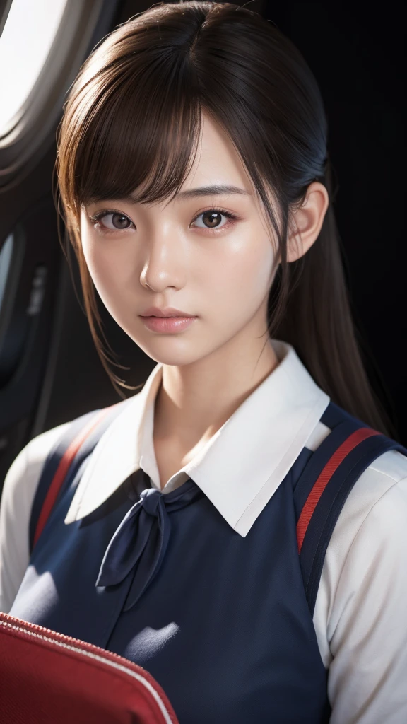 A beautiful young Japanese woman, around 20 years old, wearing a stewardess uniform, ultra-detailed, 8K resolution, highly realistic, cinematic lighting, best quality, masterpiece, photorealistic, physically-based rendering, extremely detailed, vivid colors, professional, sharp focus, studio lighting