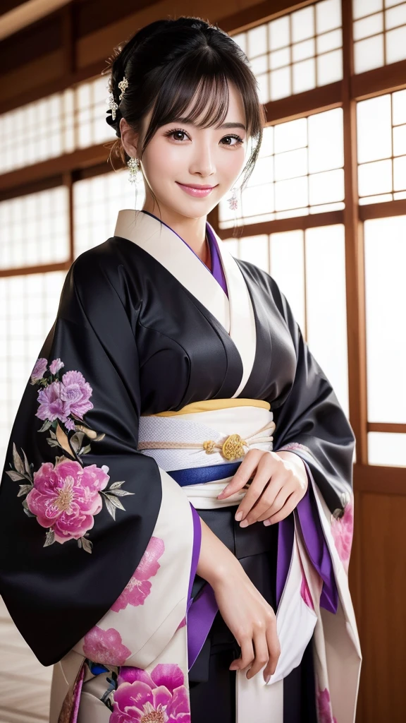 (Super beautiful woman in kimono)、((highest quality、8K masterpiece:1.3))、sharp focus:1.2、(super beautiful face:1.0)、(shiny skin:1.0)、realistic pictures、black hair、video lighting、High resolution eyes and face、video lighting、japanese actress、from the front、with a happy smile、whole body、wearing a kimono、in Kyoto、(luxury obi)、with a fan