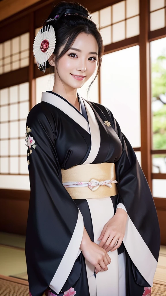 (Super beautiful woman in kimono)、((highest quality、8K masterpiece:1.3))、sharp focus:1.2、(super beautiful face:1.0)、(shiny skin:1.0)、realistic pictures、black hair、video lighting、High resolution eyes and face、video lighting、japanese actress、from the front、with a happy smile、whole body、wearing a kimono、in Kyoto、(luxury obi)、with a fan
