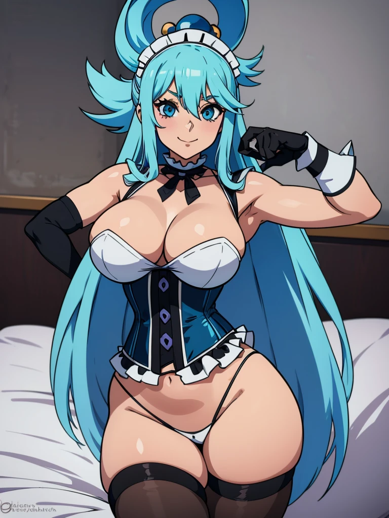 1 girl, Aqua Konosuba, looks at the viewer smiles, sexy pose, (maid costume, черные stockings, black gloves, Black corset, white panties, stockings) , big breasts, middle thighs