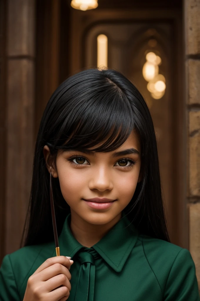 A girl between 16-17 years old, Physically, he has a skin tone between light and dark.,He has black hair with red strands in the front of a medium size,honey colored eyes and long eyelashes,wear the Slytherin uniform,with a sharp jaw and a turned-up nose,a perfect smile and big, full lips,what a dark femine vibe