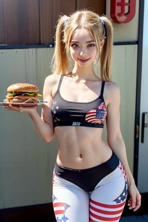 ((Highest quality)), ((masterpiece)), (Realistic details,Tabletop:1.0,High resolution:1.2,Realistic:1.4,8K, RAW Photos:1.2),(A half-Japanese, half-American woman with very small :1.25), (A smile with beautiful white teeth:1.25),Beautiful, symmetrical blue eyes:1.22,A simple and beautiful idol face of a 28-year-old with light makeup:1.2,((Beautiful blonde twintails:1.4,Wear a sun visor with the stars and stripes printed on it:1.22)),Thin and slightly pale eyebrows,(Detailed fair skin:1.2),(Bright event venue:1.3),((Head-on cowboy shot:1.2,Carrying a tray containing a hamburger set:1.3),Spotlight from below:1.23,(((The background is an American burger restaurant with a pop color scheme:1.4))),((A super tight sports bra with a digitally printed American flag that fits very small breastsuper tight blue and red American flag digital print leggings:1.3)),((Very small breasts:1.85))ery slender, well-trained body:1.65)),((Fine abdominal muscles:1.65)),(Short torso:1.3),(Broad shoulders:1.3),(Narrow waist:1.3),(Trained little buttocks:1.23),(Muscus:1.3),(Very thin thighs:1.55),(The hip bones are visible:1.25),