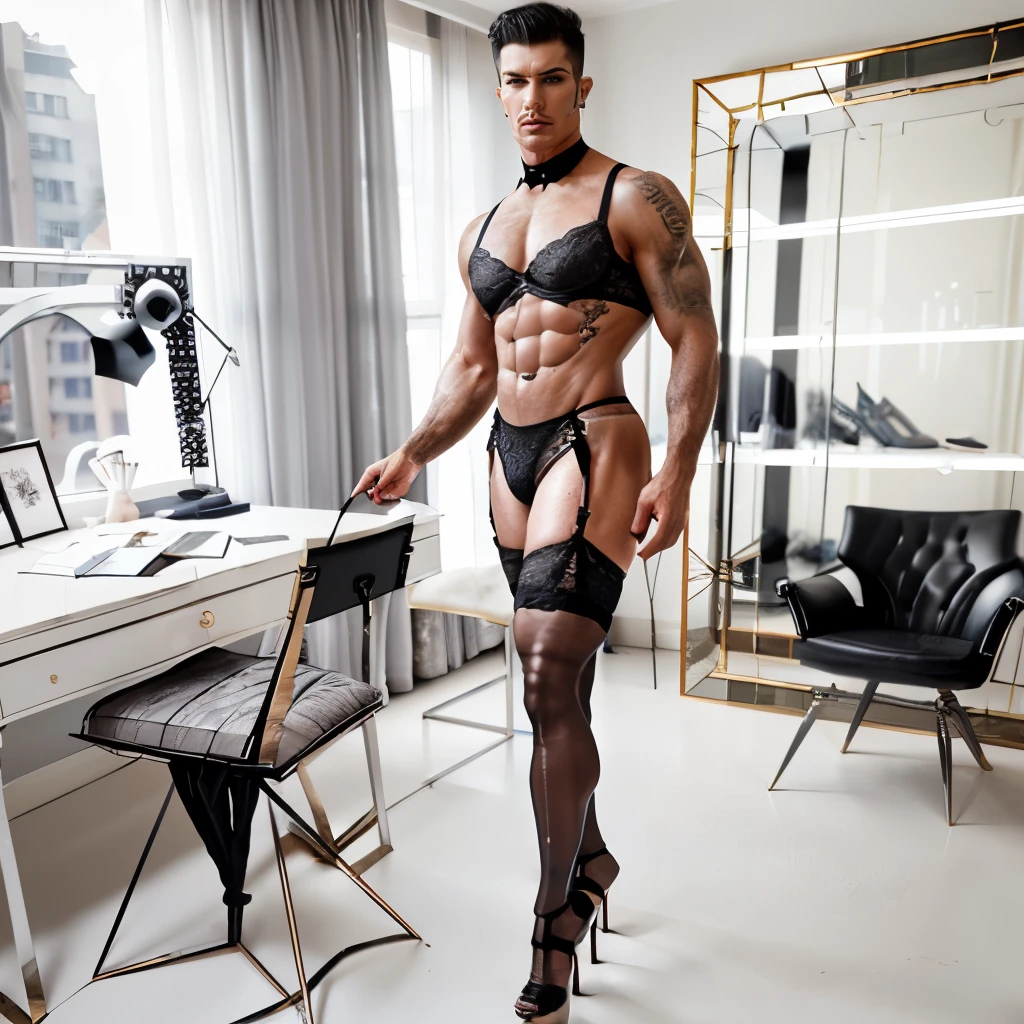 A masculine muscular hunk man with very short hair,  lingerie, gaff, black nylon stockings with lace top, padded bra, extreme black stiletto high heels and with metal heels and pointy toes garterbelt, with makeup, fake nails and fake eyelashes, long earrings, bra,surrealist room