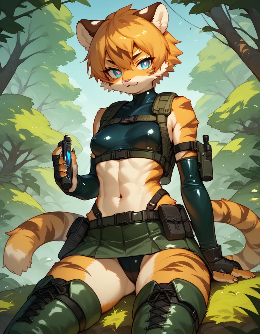 score_9, score_8_up) score_7_up, score_6_up, solo, tiger, kemono, anthro, cute, short hair, blue eyes, white pupils, sexy, orange fur, skirt, tactical harness, micro croptop, thigh high boots, assassin girl, mesh body suit, tactical gloves, latex, small breasts, forest background,