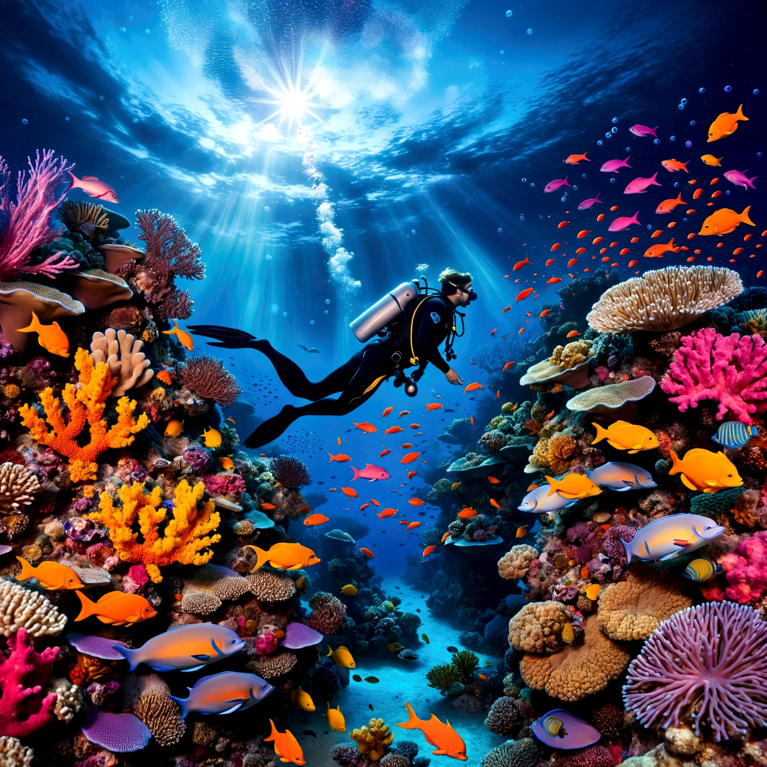 the image showcases a hyper-realistic and fantastical style, blending elements of underwater photography with digital art touches.(( A detailed diver in full gear explores a vibrant coral reef )), surrounded by multicolored fish that emit pulsating lights. (( Small bioluminescent creatures dance around the diver, leaving luminous trails behind them )). only one dolphin, gracefully leaping above the water toward the upper center of the image, leaves a trail of stardust in its wake. ( Ethereal bubbles reflecting the cosmic sky gently float around the underwater scene ), while bioluminescent orbs drift in the water, emitting a soft bluish light and creating mystical reflections. The dense and colorful coral reef occupies much of the center of the image, while the background shows a transition between the ocean and a spectacular starry sky, with luminous galaxies and nebulae. Silhouettes of mythical creatures, such as mermaids or aquatic dragons, can be seen in the background. The depth of field is vast, allowing for clear sharpness of both near and distant elements, giving a sense of immensity and depth to the image. Dominant colors include deep blues of the ocean, vibrant oranges and yellows of the fish, and purples and pinks of the galaxies and corals. These contrasting colors enhance the fantastical and dreamlike quality of the image. The composition follows a diagonal from the bottom left to the top right, guiding the viewer's eye from the diver and corals to the dolphin and the cosmic sky. This diagonal reinforces the dynamism of the scene. Finally, a shimmering mist envelops the scene, giving it an ethereal quality, almost like a dream.
