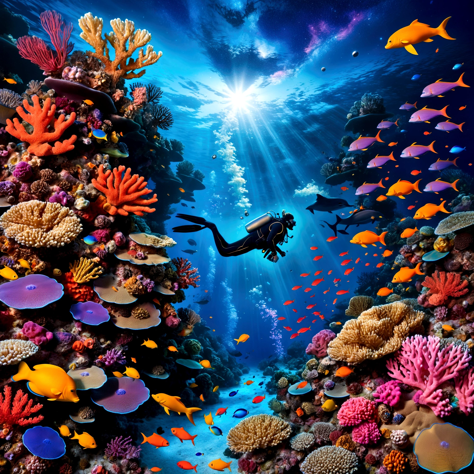 the image showcases a hyper-realistic and fantastical style, blending elements of underwater photography with digital art touches.(( A detailed diver in full gear explores a vibrant coral reef )), surrounded by multicolored fish that emit pulsating lights. (( Small bioluminescent creatures dance around the diver, leaving luminous trails behind them )). only one dolphin, gracefully leaping above the water toward the upper center of the image, leaves a trail of stardust in its wake. ( Ethereal bubbles reflecting the cosmic sky gently float around the underwater scene ), while bioluminescent orbs drift in the water, emitting a soft bluish light and creating mystical reflections. The dense and colorful coral reef occupies much of the center of the image, while the background shows a transition between the ocean and a spectacular starry sky, with luminous galaxies and nebulae. Silhouettes of mythical creatures, such as mermaids or aquatic dragons, can be seen in the background. The depth of field is vast, allowing for clear sharpness of both near and distant elements, giving a sense of immensity and depth to the image. Dominant colors include deep blues of the ocean, vibrant oranges and yellows of the fish, and purples and pinks of the galaxies and corals. These contrasting colors enhance the fantastical and dreamlike quality of the image. The composition follows a diagonal from the bottom left to the top right, guiding the viewer's eye from the diver and corals to the dolphin and the cosmic sky. This diagonal reinforces the dynamism of the scene. Finally, a shimmering mist envelops the scene, giving it an ethereal quality, almost like a dream.