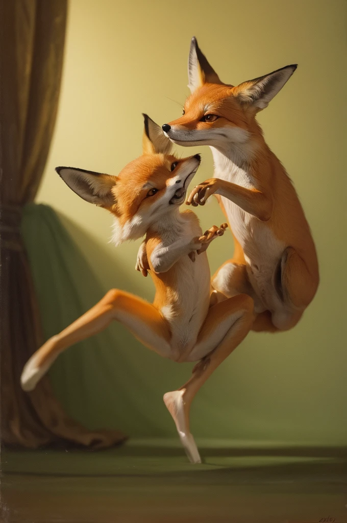 An oil painting with a fox dancing ballet with a frog