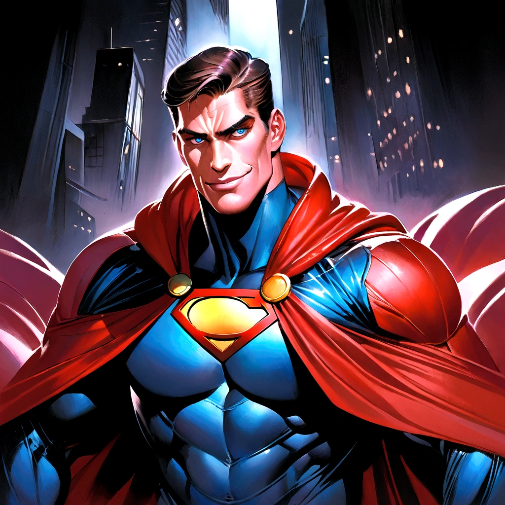 photorealistic portrait of a muscular superhero, detailed facial features, piercing eyes, strong jawline, flowing cape, shining metallic details, concept art by Alex Ross, dramatic lighting, vibrant colors, cinematic composition, high-resolution, hyper-detailed, Alex Ross-style superman portrait, Draw in cartoon style a flying Superman with a proud and smiling expression on his face. In the background, Gotham City should be visible. Ensure the drawing is in a 16:9 aspect ratio.