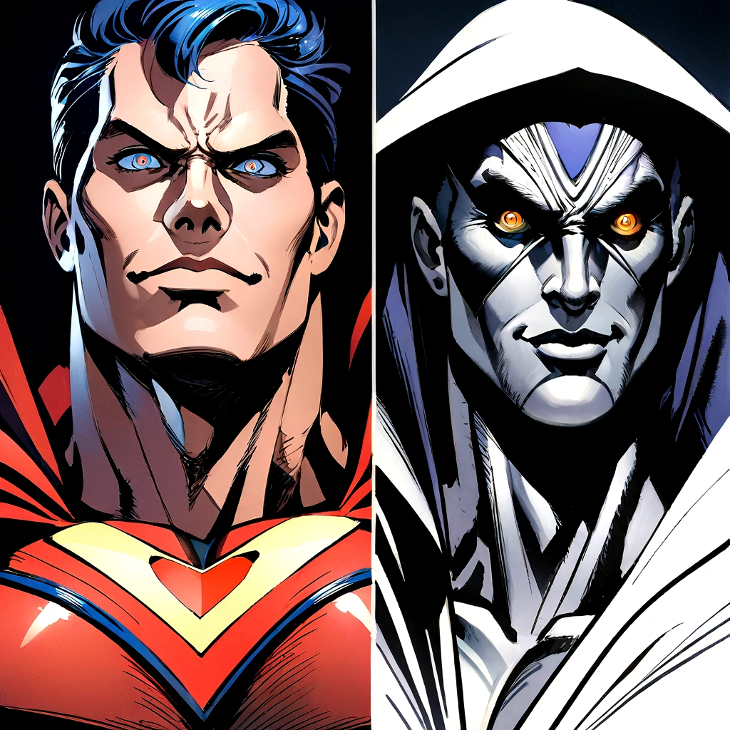 photorealistic portrait of a muscular superhero, detailed facial features, piercing eyes, strong jawline, flowing cape, shining metallic details, concept art by Alex Ross, dramatic lighting, vibrant colors, cinematic composition, high-resolution, hyper-detailed, Alex Ross-style superman portrait, Draw in cartoon style a flying Superman with a proud and smiling expression on his face. In the background, Gotham City should be visible. Ensure the drawing is in a 16:9 aspect ratio.