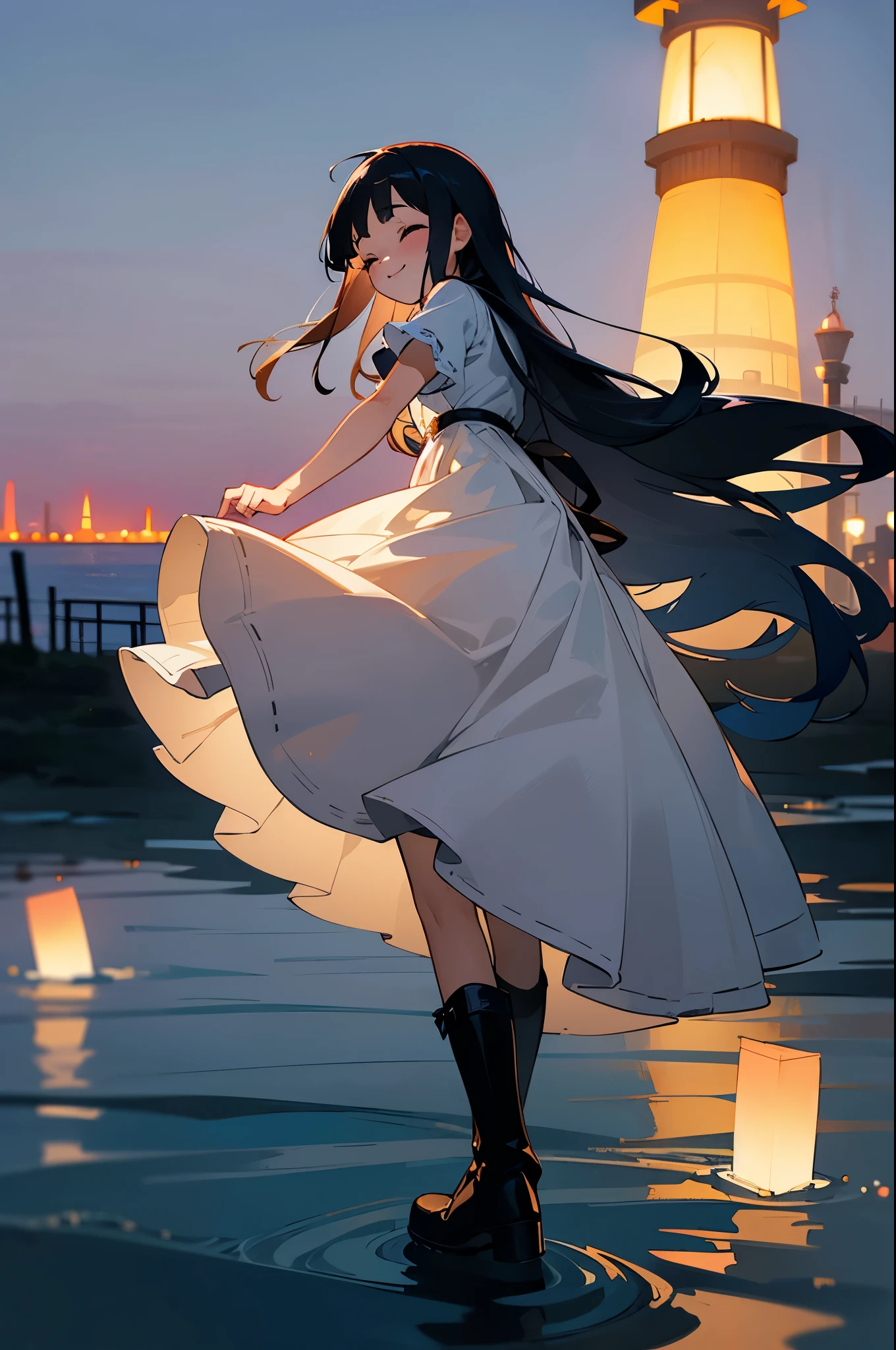 twilight, nightfall, tall lanterns, dusk sea on the background, lighthouse far away, city garden, beautiful, masterpiece, 1-girl, teen aged, long lolita style white dress, happy face, closed eyes, blush on the cheeks, A hand is outstretched towards me, very long fair hair, high black leather boots