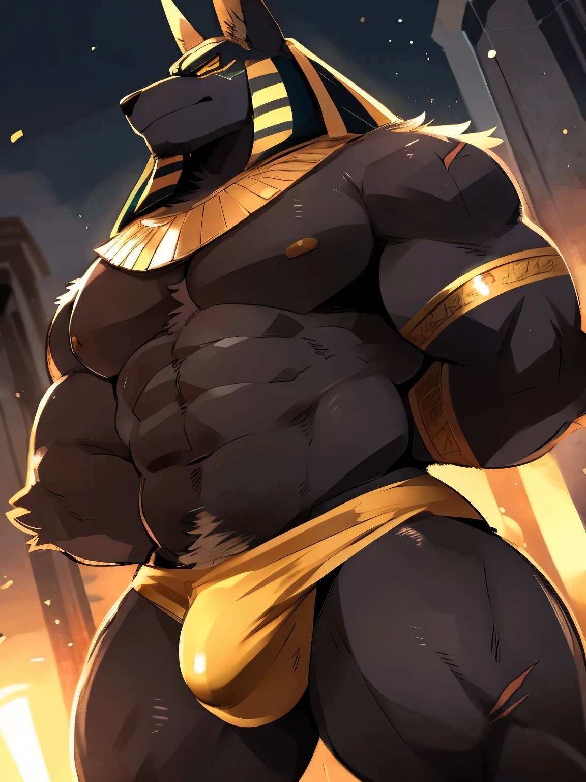 Muscular, male, furry, fluffy, Covered scars, bare chest, hot, wet, abs, wide body, egyptian jewelry, egyptian armor, Looking at viewers, thick beard , (bara pecs: 1.1), anthro jackal, anubis mask, black body, black furr chest, wide body, big chest , arms behind back, thick thighs, dark underwear, (bulge: 1.1), barely visible genitals, detailed genitals outline , intimidating expression, gold nipples ring, dark dramatic lighting, night time, low angle, dutch angle, by hyaku , by darkgem